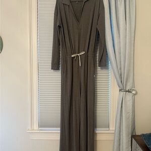 Brown/Gray Long Sleeve Jumpsuit with Drawstring